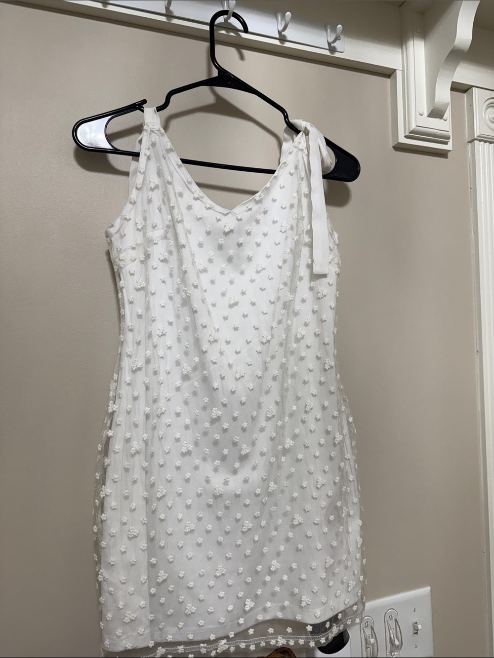 Blue Rain White Mini Dress with Textured Floral Appliqué